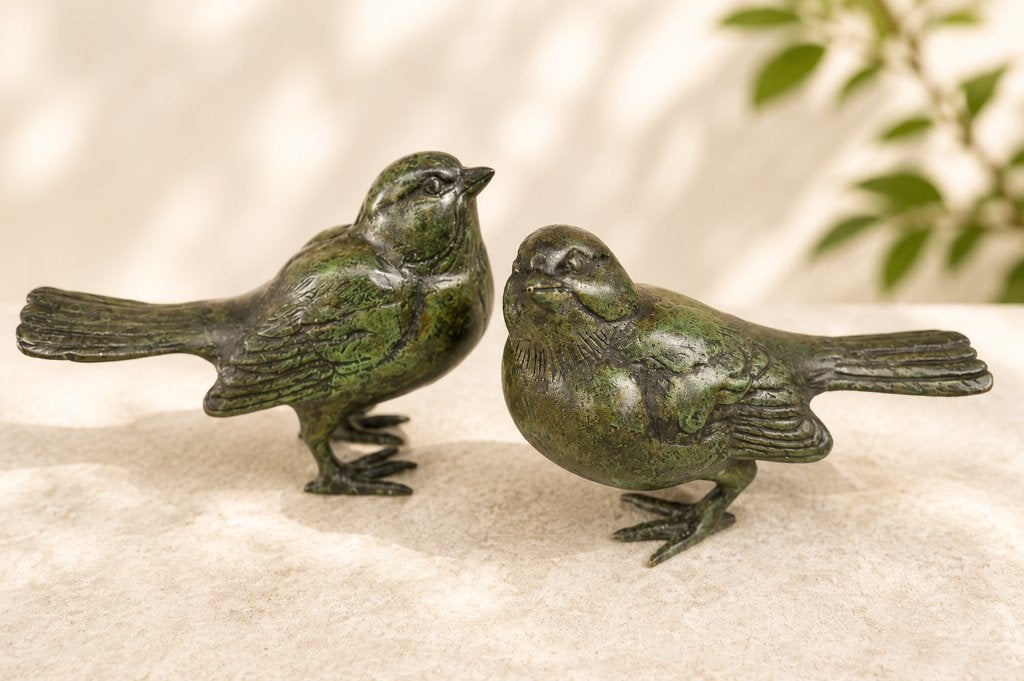 VOGELS / set / brons / MUSSEN / tuinbeeld / groen, Nieuw, Info@huisentuindecoratiemarie.nl, Huis en tuin decoratie marie, Dierenbeeld