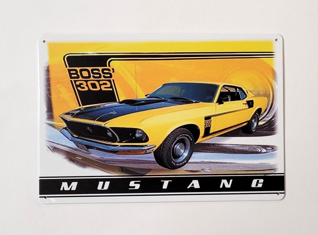 Ford Mustang the boss 302 geel reclamebord van metaal deco, Ophalen of Verzenden, Nieuw, Auto's