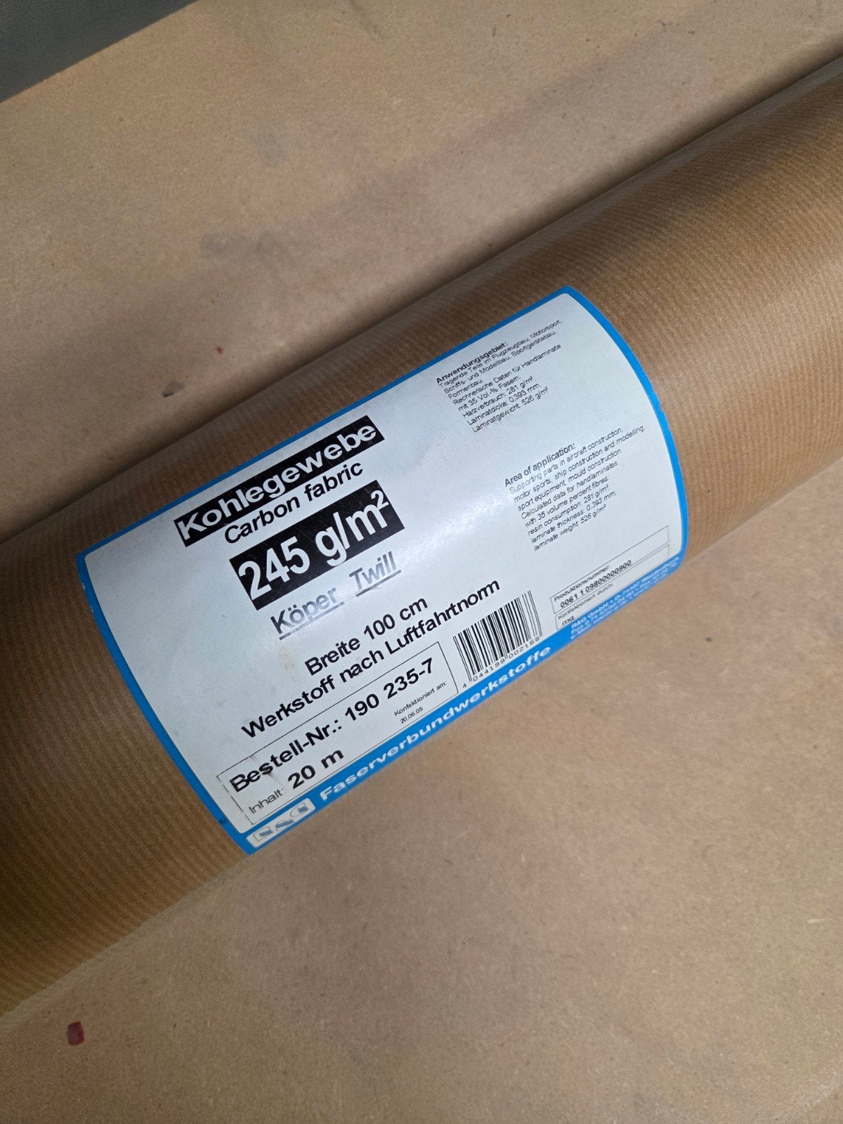 Carbon weefsel 245gr twill, rolbreedte 100cm, ca. 15m, Ophalen