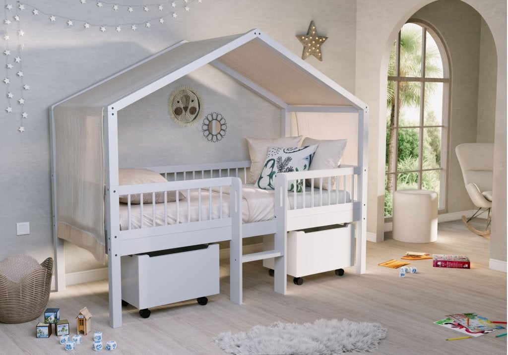 Forrest Beech huisbed met ladder - 90x200 - Wit beuken, Niet ingevuld, Niet ingevuld, Niet ingevuld