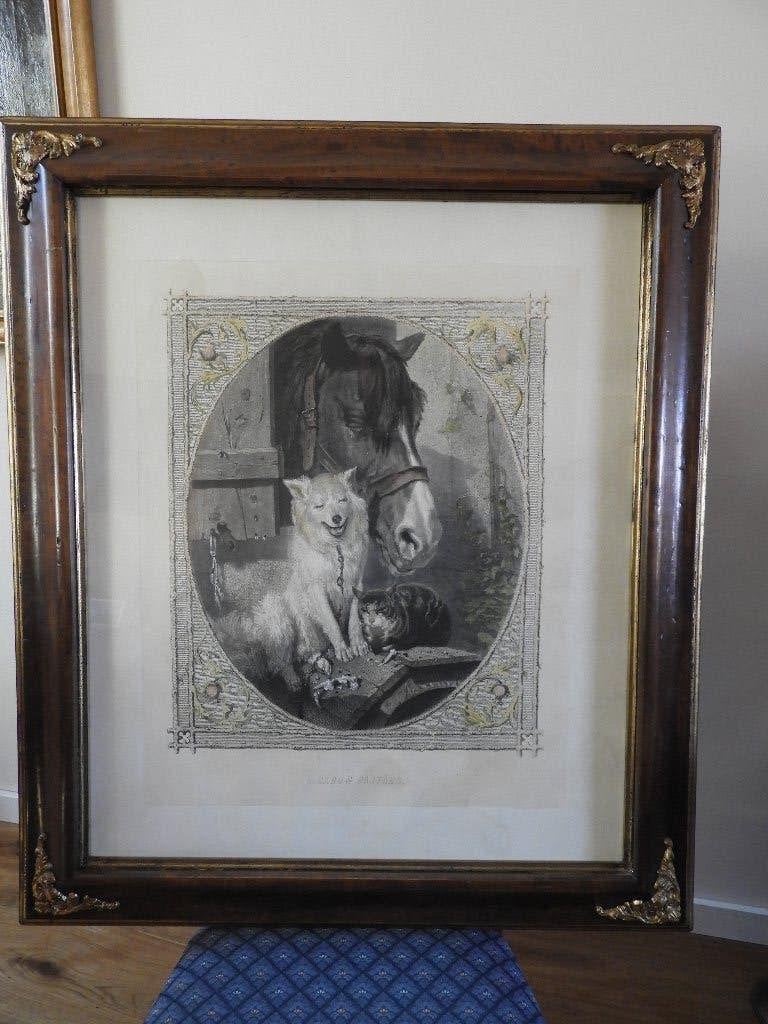 Naar Edmund Mahlknecht, titel: Harmonie in de stal, gravure, Ophalen, Flora en Fauna, 81 cm, Ingelijst