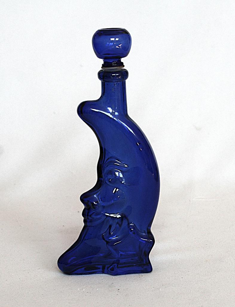 Vintage Kobald Blauwe Halve Maan Fles / Decanter met Stop, Ophalen of Verzenden