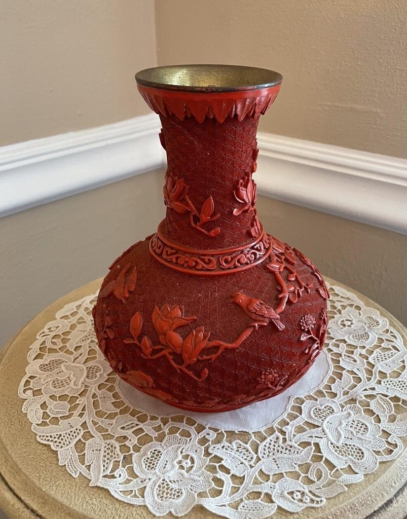 Cinnabar lak vaas vase Chinese zie foto, Antiek en Kunst, Ophalen of Verzenden
