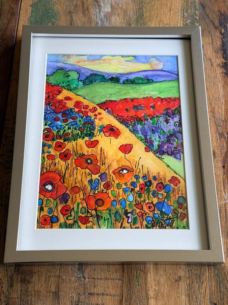 Klaprozen landschap kleurrijke aquarel, Antiek en Kunst, Kunst | Schilderijen | Abstract, Ophalen of Verzenden