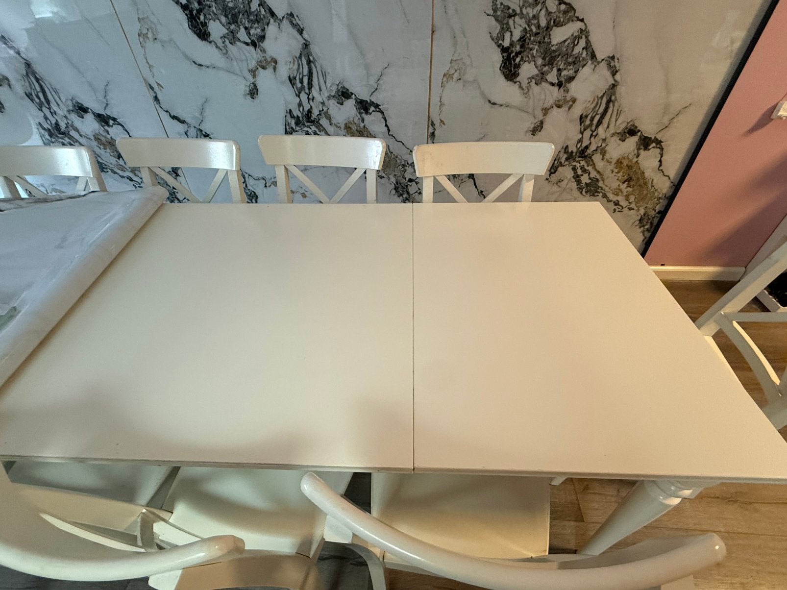 Eettafel uitschuifbaar met stoelen (ikea), Ophalen, Gebruikt, Rechthoekig, 50 tot 100 cm
