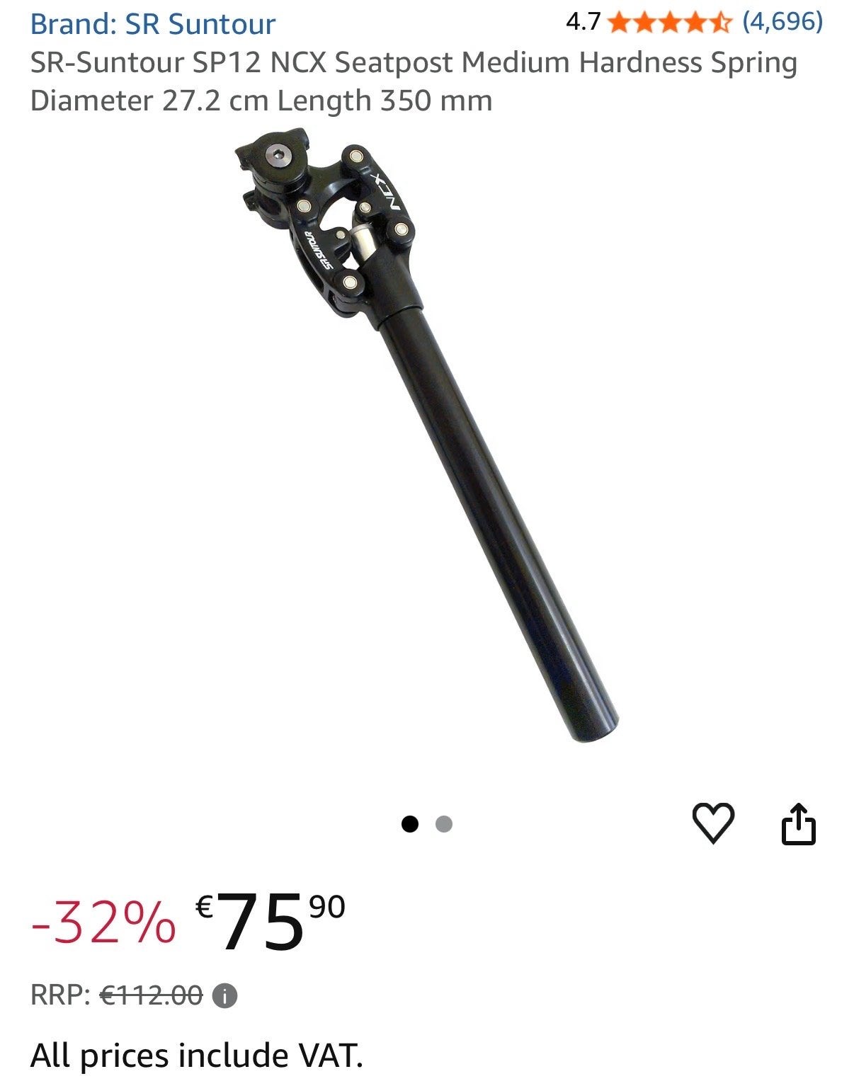 SR Suntour SP12 NCX Verende Zadelpen 27.2mm, Fietsen en Brommers, Fietsonderdelen, Elektrische fiets, Gebruikt, Ophalen of Verzenden