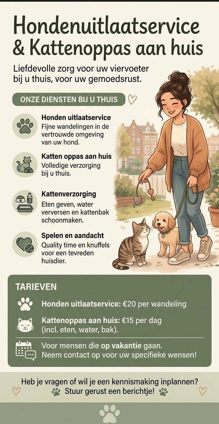 Hondenuitlaatservice & kattenoppas aan huis, Ophalen of Verzenden