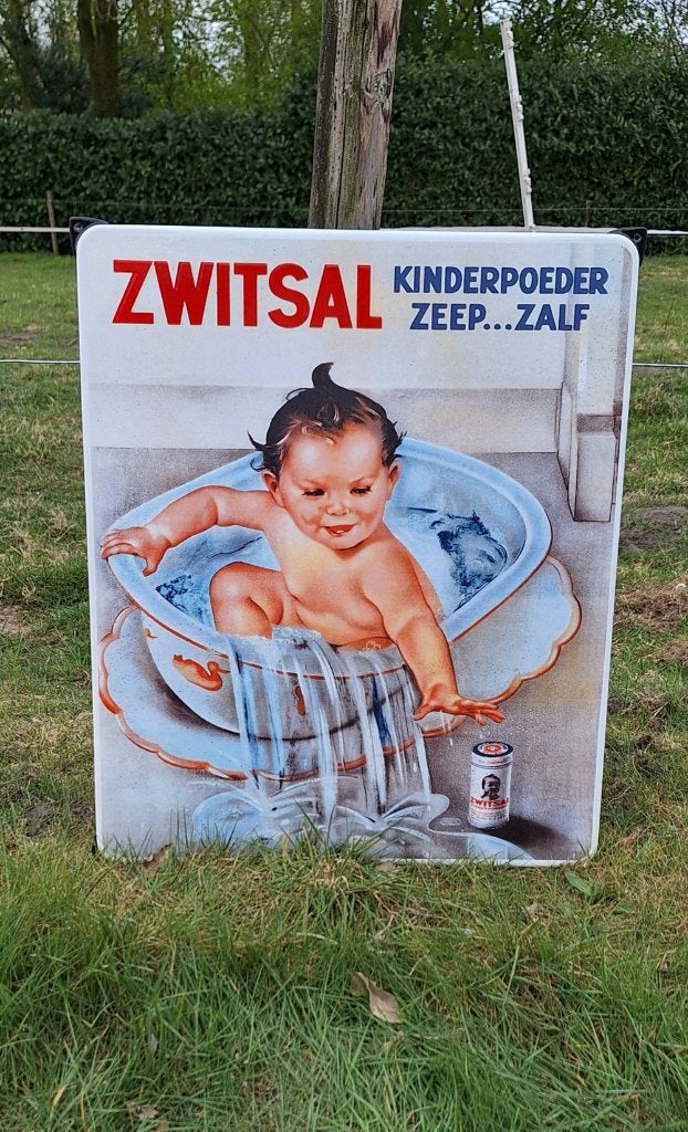 Emaile reclame bord van Zwitsal kinderpoeder zeep...zalf., Reclamebord, ., Ophalen of Verzenden, Zo goed als nieuw