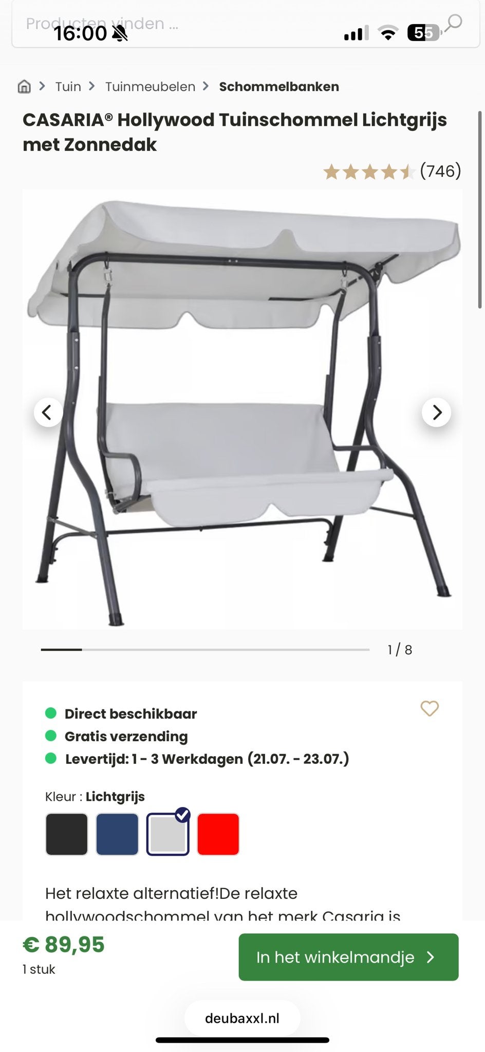 Nieuwe Casaria Hollywood Tuinschommel Lichtgrijs met Zonnend, Ophalen, Overige materialen, 3 zitplaatsen, Nieuw
