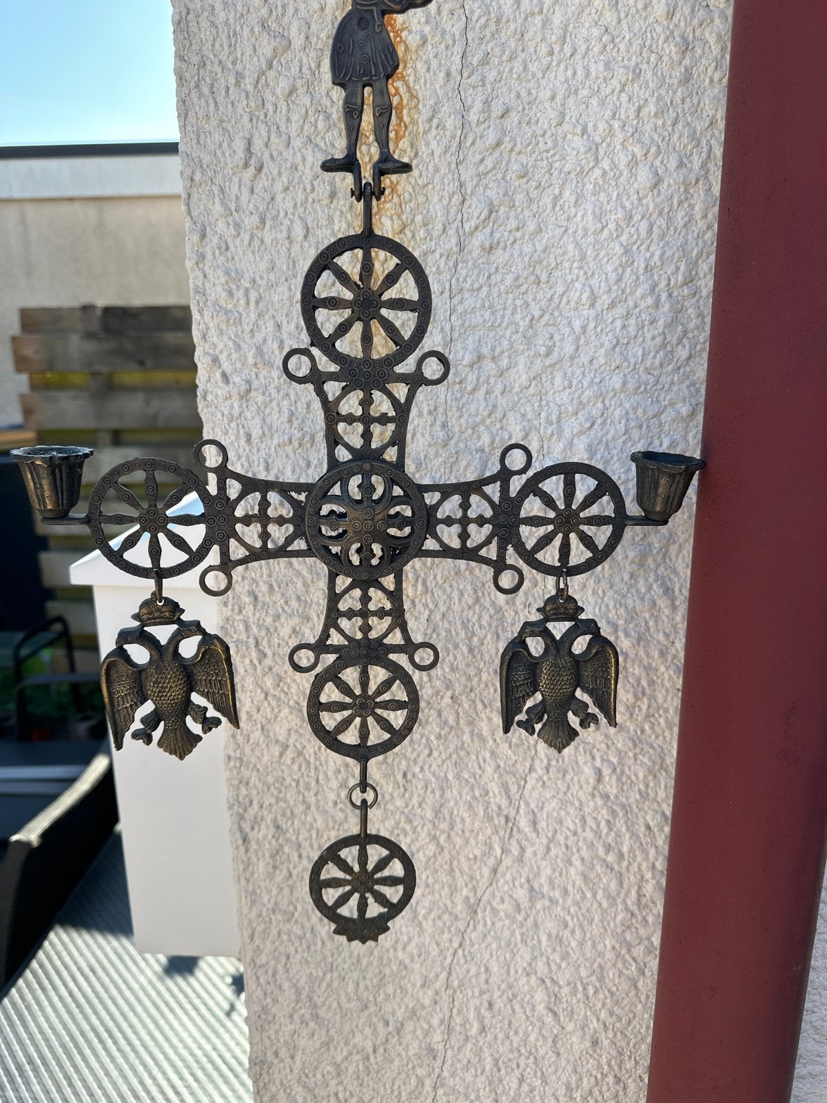 Antiek metalen kruis met kandelaars en adelaars, Antiek en Kunst, Antiek | Religie, Ophalen
