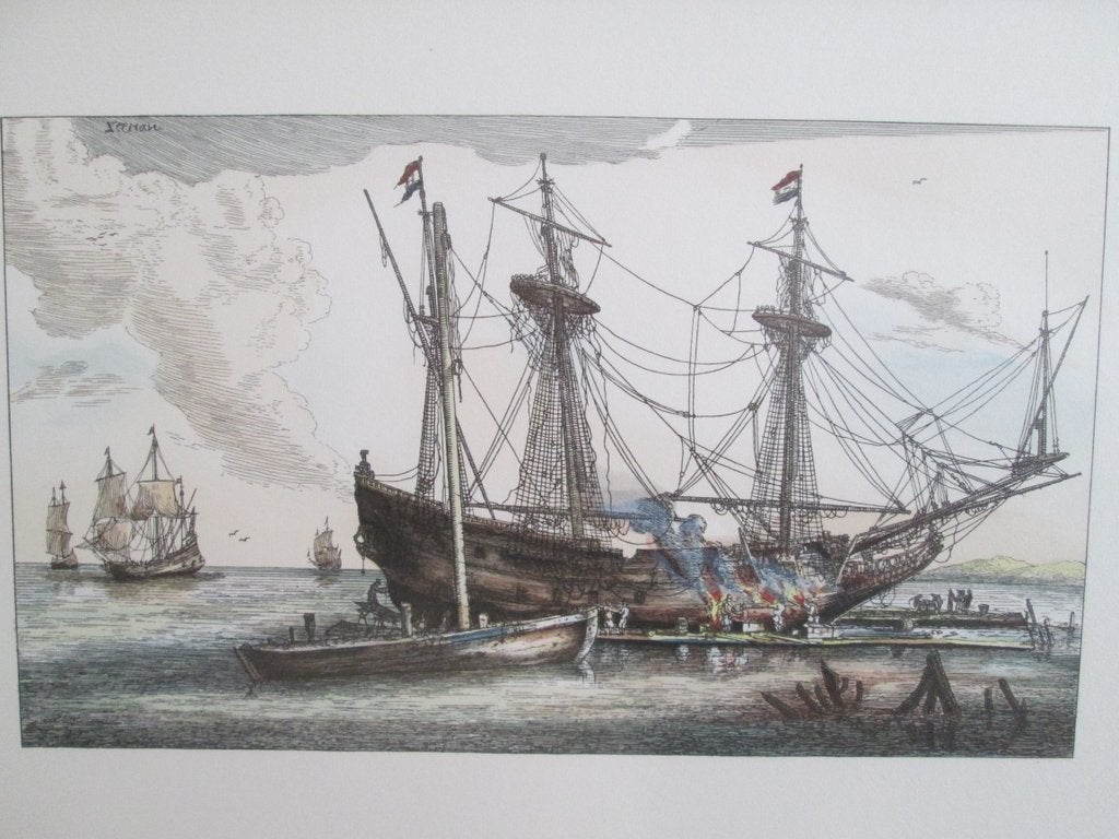 Puntgave ingelijste zeefdruk voorstellend Oude Zeilschepen, Ophalen