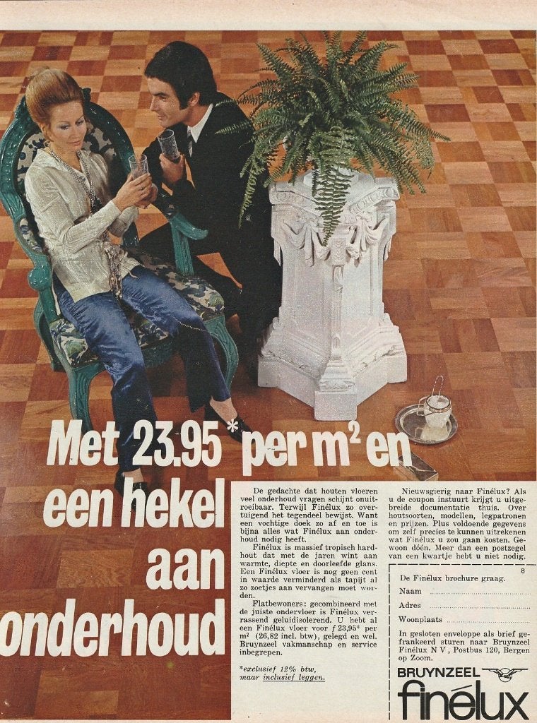 Retro reclame 1969 Bruynzeel Finelux Bergen op Zoom vloeren, Verzenden, Overige typen