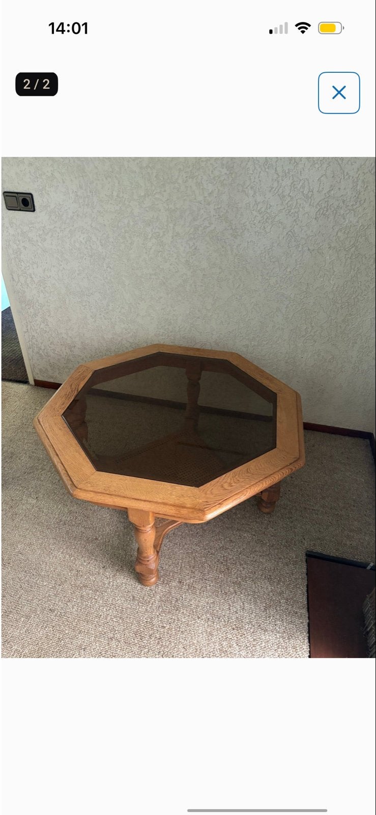 Vintage eikenhouten salontafel met glazen blad, Huis en Inrichting, Ophalen, 50 – 75, Gebruikt, 100 tot 150 cm