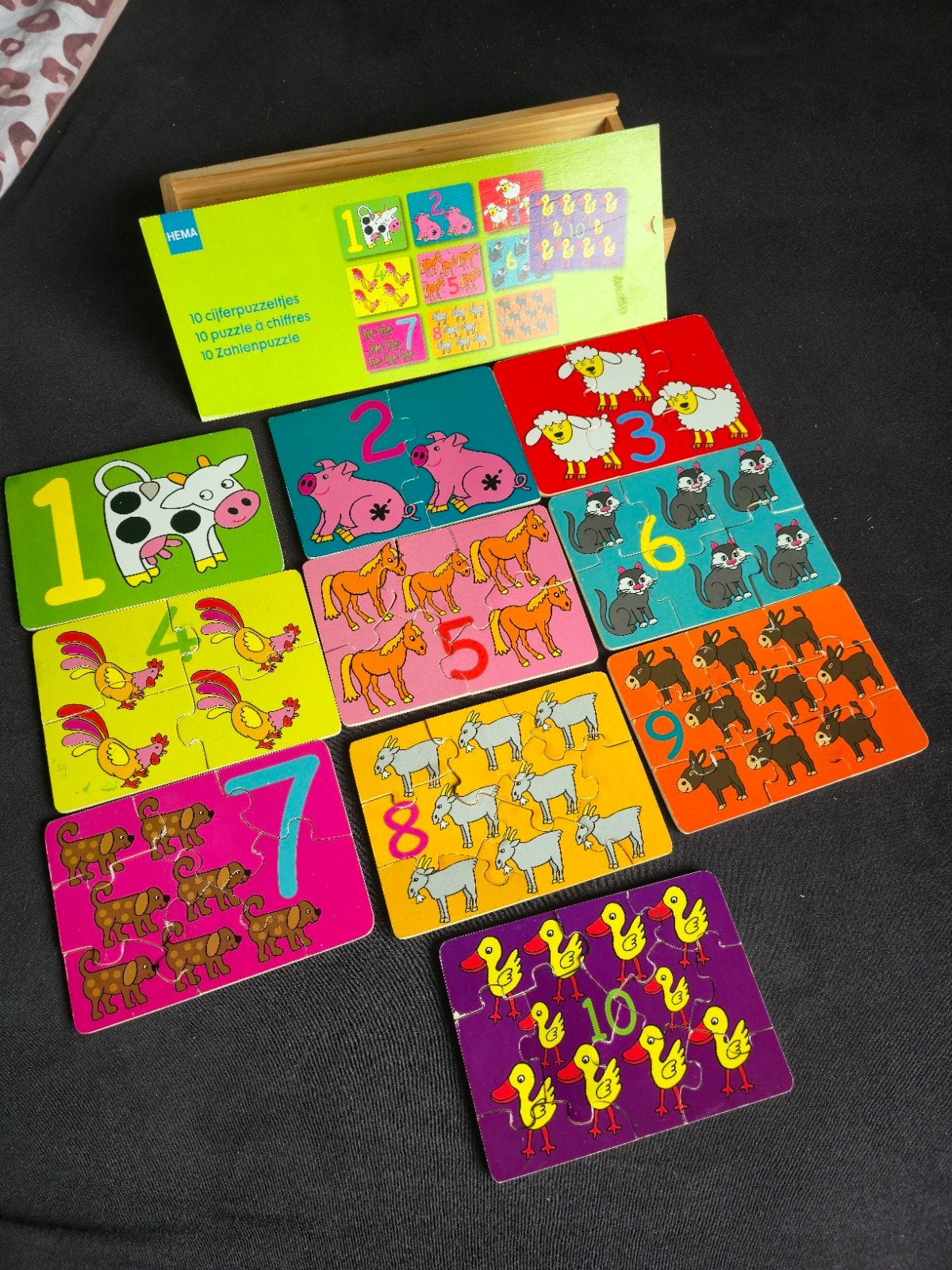 Hema cijferpuzzeltjes in houten doosje - 10 puzzels, Kinderen en Baby's, Ophalen, Gebruikt, Jongen of Meisje