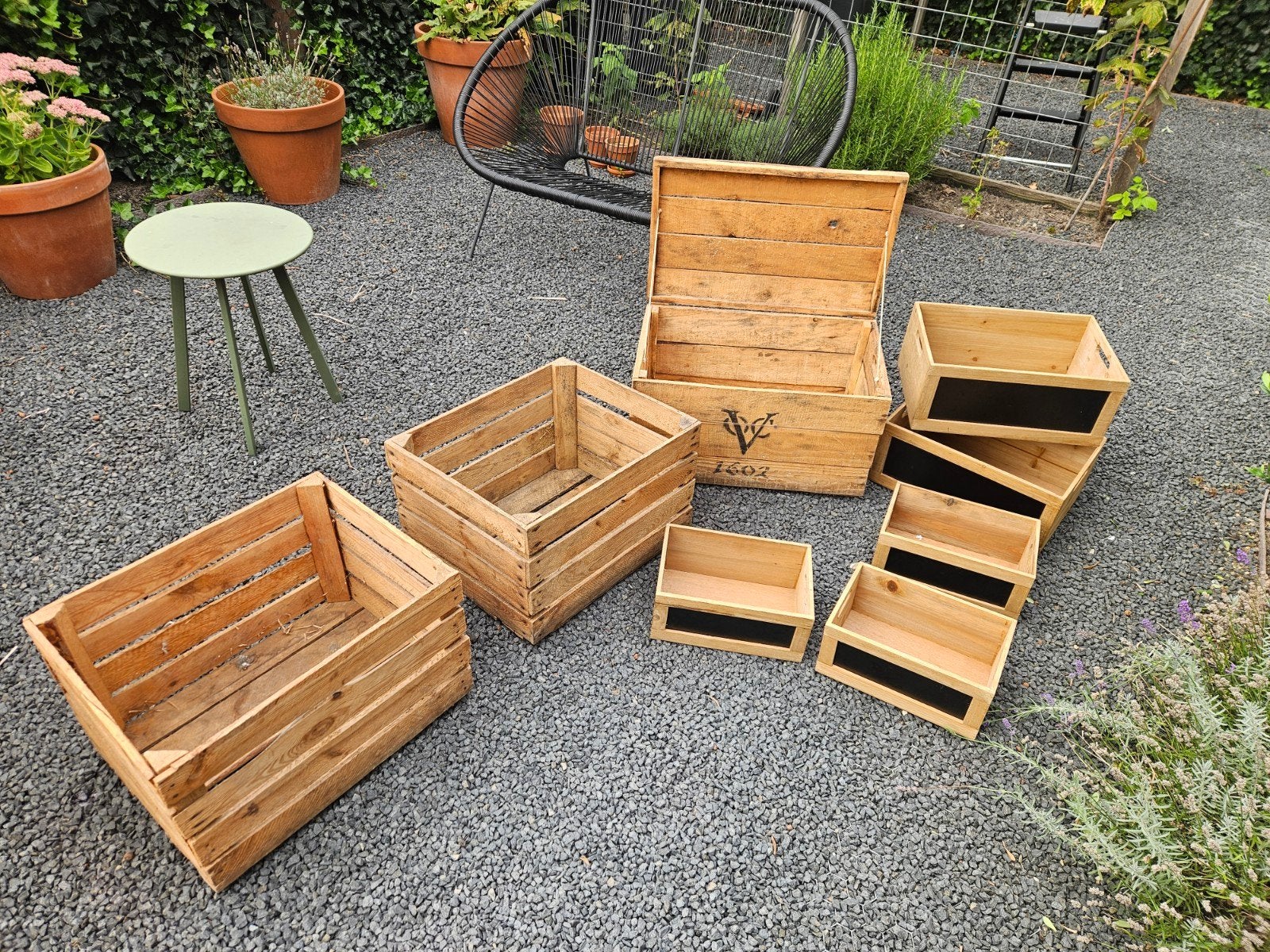 Diverse houten kisten en kratten - decoratief en praktisch, Ophalen, Gebruikt, Overige houtsoorten, Minder dan 50 cm