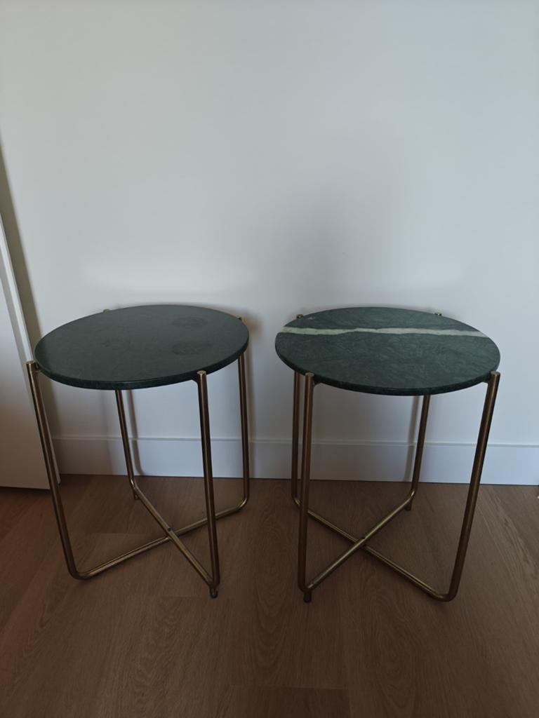 2 bijzettafels of nachtkast tafeltje, groen marmer, Huis en Inrichting, Tafels | Bijzettafels, Overige materialen, Minder dan 55 cm