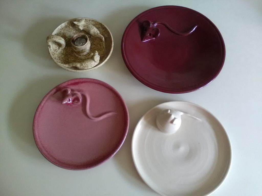 3 aardewerk  kaas schalen en 1 kandelaar  met muizen, Ophalen of Verzenden