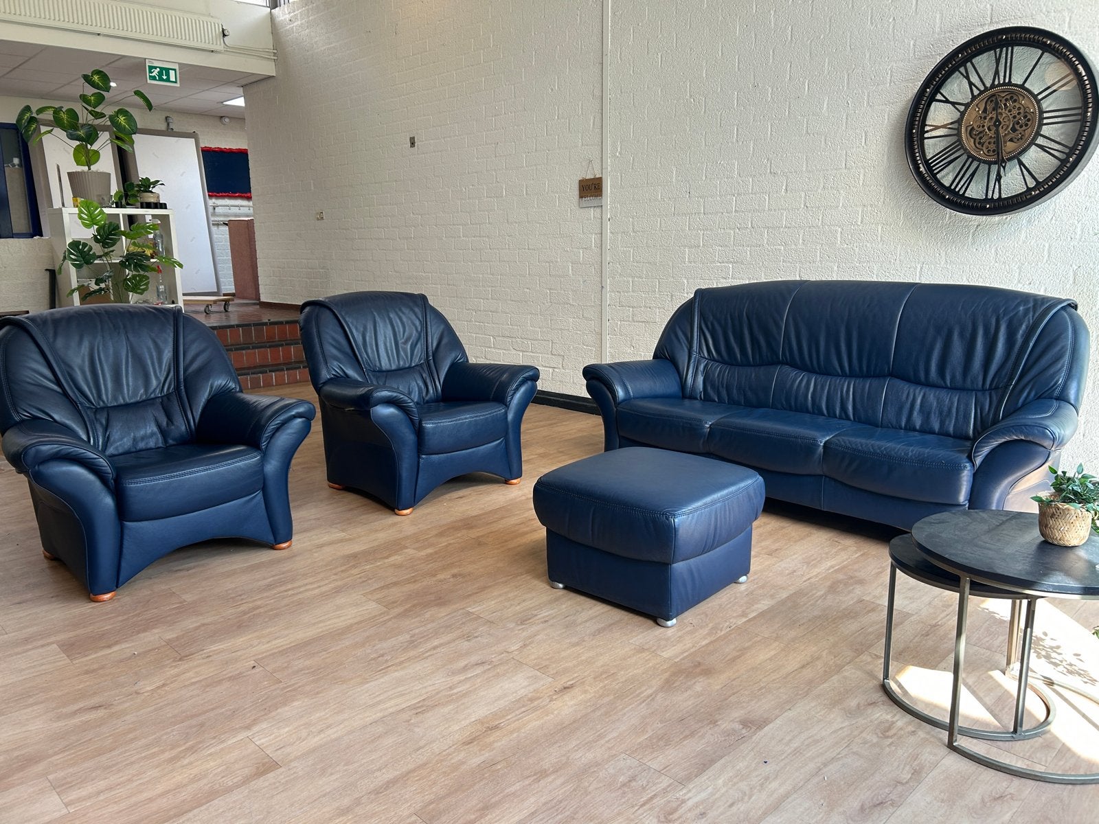 Luxe echt lederen Duitse zitgroep | 3-zits + 2 fauteuils + h, Luxe, Ophalen of Verzenden, Zo goed als nieuw, Rechte bank