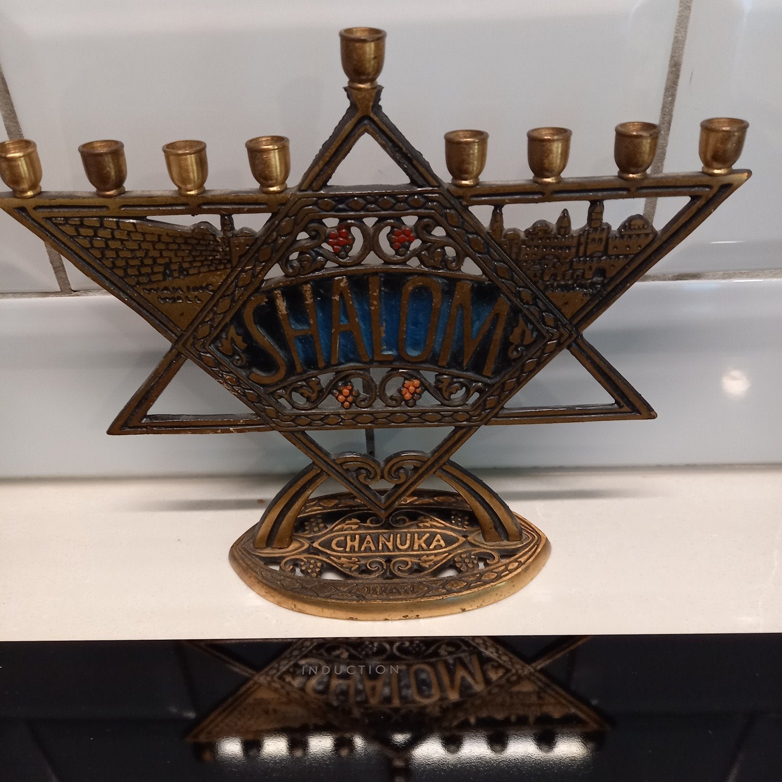 Vintage Messing Chanoeka Menora / Kandelaar – Israël – Jaren, Antiek en Kunst, Verzenden, Koper of Brons