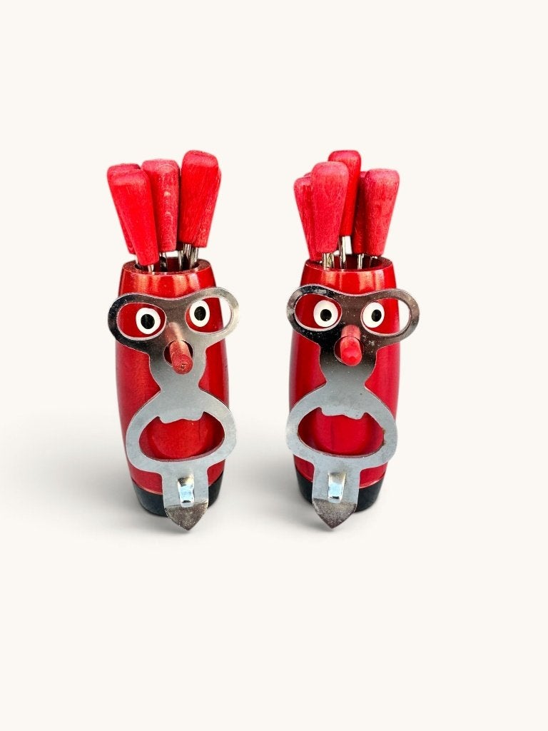 Vintage cocktailprikkerset met flesopener, rood hout, Antiek en Kunst, Ophalen of Verzenden