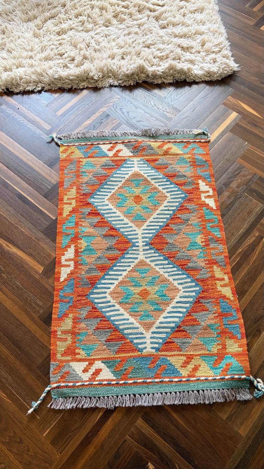 Handgeweven Kelim Vloerkleed - Oranje, Blauw, Beige, Ophalen, Oranje, 50 tot 100 cm, Zo goed als nieuw