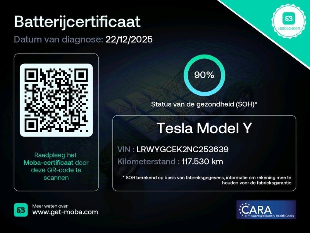Tesla Model Y Long Range AWD 75 kWh SOH90% WARMTEPOMP 1E EIG, Auto's, Automaat, Gebruikt, Zwart, Wit