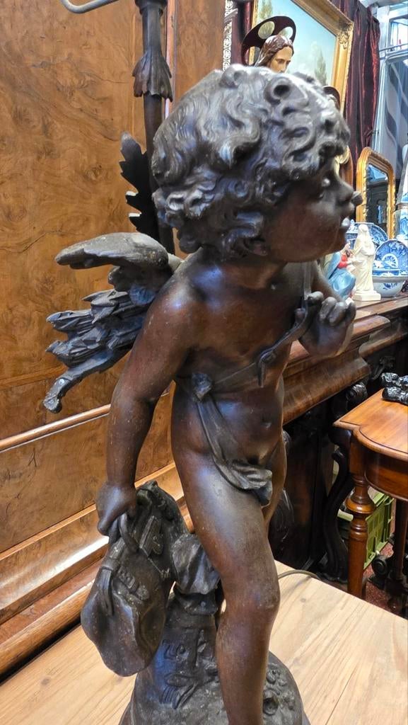 Antieke Franse Cupido Lamp - Brons/Legering, Gesigneerd, Antiek en Kunst, Ophalen