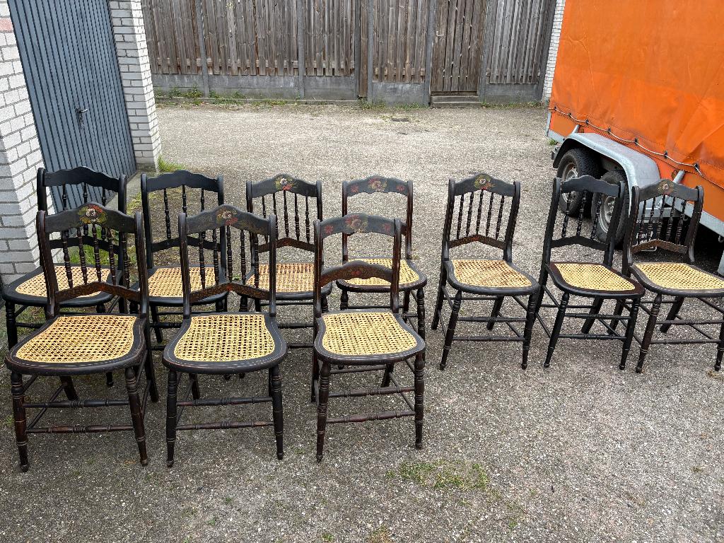 Set van 9 Antieke Rotan Stoelen met Bloemmotief, Ophalen