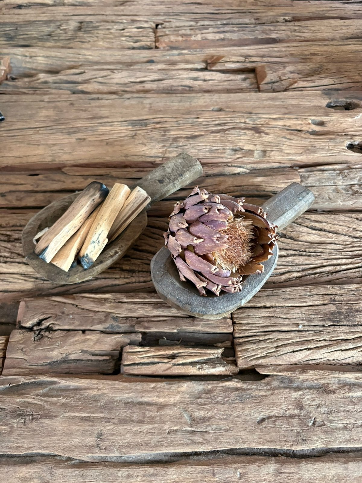 Landelijke smudgeset: houten scheppen, Palo Santo & artisjok, Ophalen of Verzenden