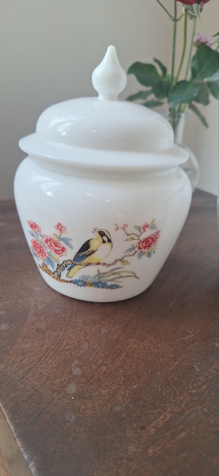 Set van 2 Vintage Avon Melkglas Potten met Vogeldecor, Antiek en Kunst, Ophalen of Verzenden