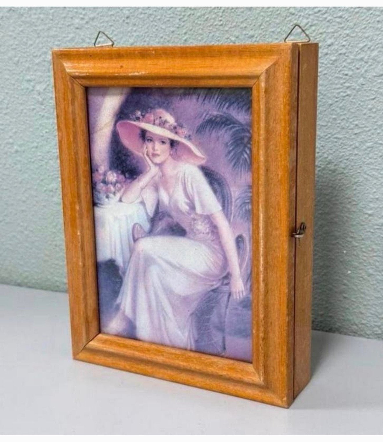 Antiek Sleutelkastje hout met schilderij houten sleutel-kast, Antiek en Kunst, Curiosa en Brocante, Ophalen of Verzenden