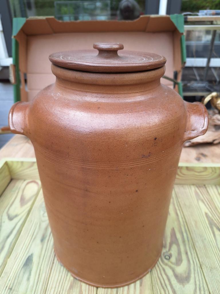 Brocante aardewerken grespot met deksel - Bruin geglazuurd, Ophalen of Verzenden