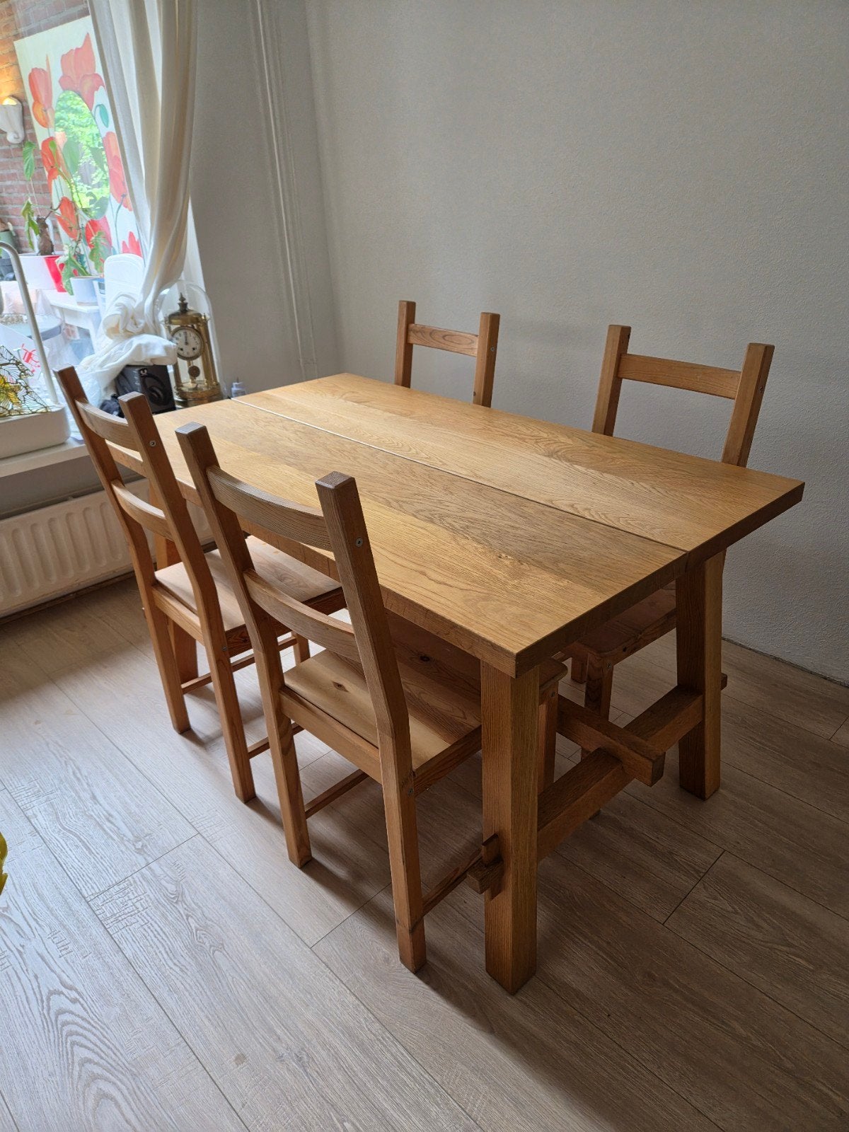 Ikea Mockelby eiken eettafel 140x79 met 4 stoelen, Gebruikt, 100 tot 150 cm, Eikenhout, Vier personen