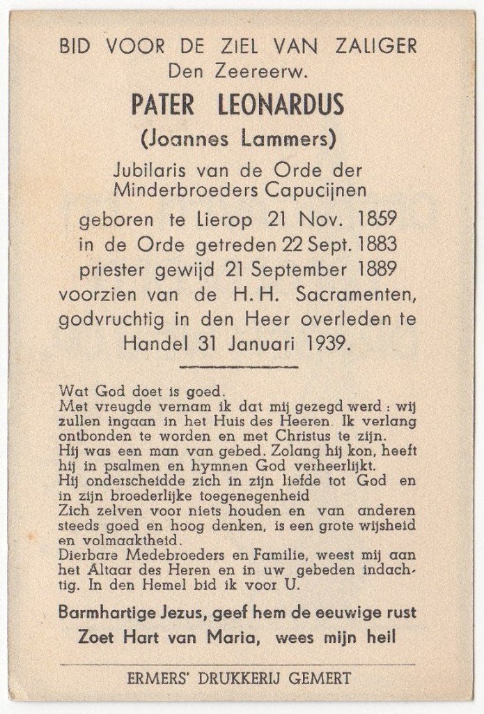 pater Joannes Lammers 1859 Lierop + 1939 Handel, 79 jaar, Verzamelen, Verzenden