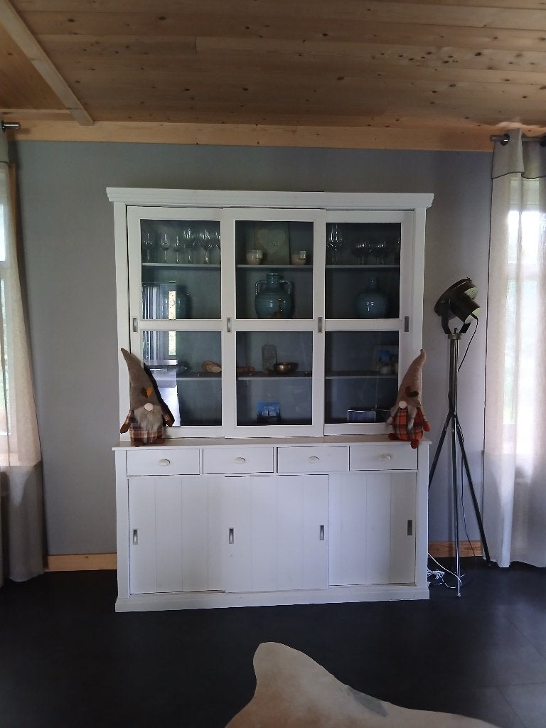 Woood vitrine kast, Ophalen, 150 tot 200 cm, Met lade(s), Zo goed als nieuw