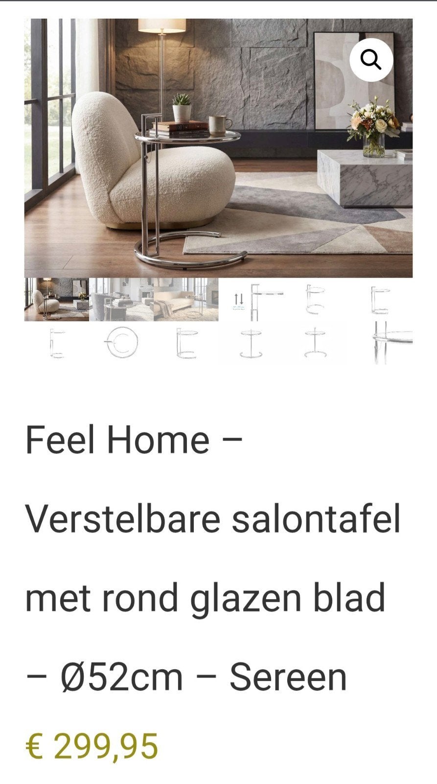 Feel Home Verstelbare Koffietafel met Glazen Blad, Huis en Inrichting, Tafels | Salontafels, 50 – 75, Minder dan 50 cm, Rond, Nieuw