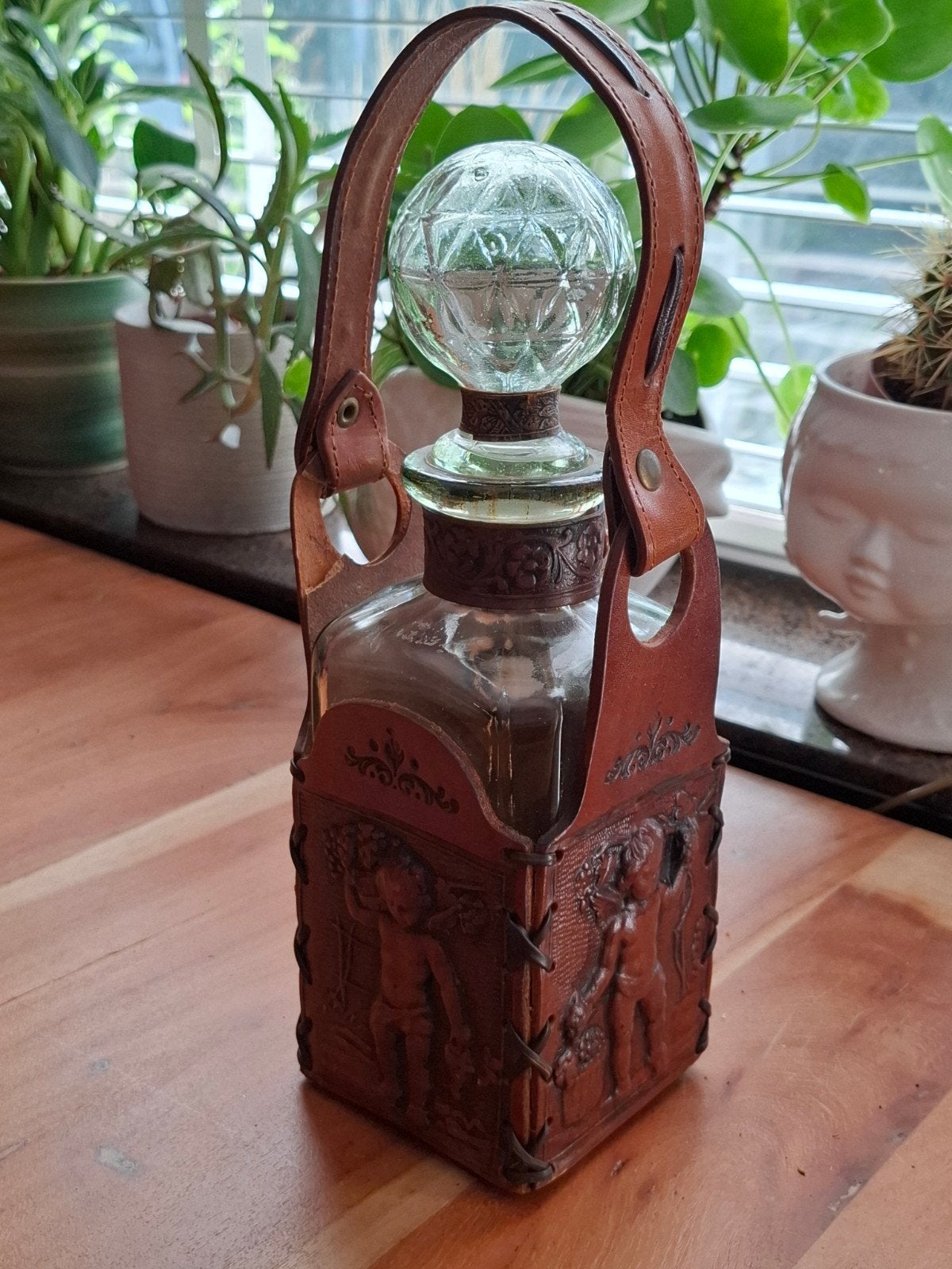 Vintage Glazen Fles met Lederen Draagtas, Ophalen of Verzenden