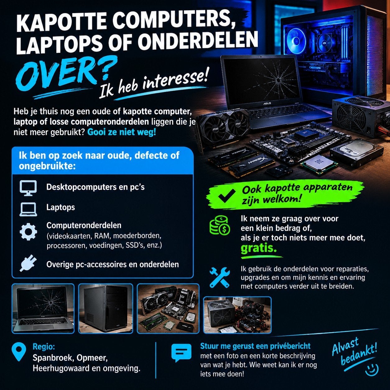 Kapotte computers, laptops en pc-onderdelen, Eén persoon