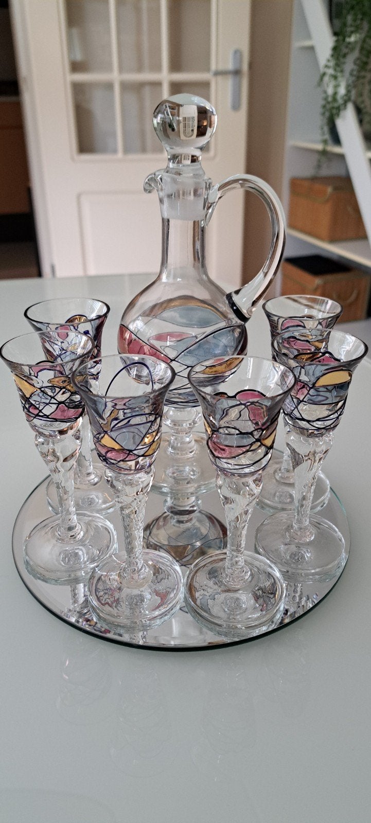 Vintage like karaf met 6 borrelglaasjes op spiegelblad, Ophalen
