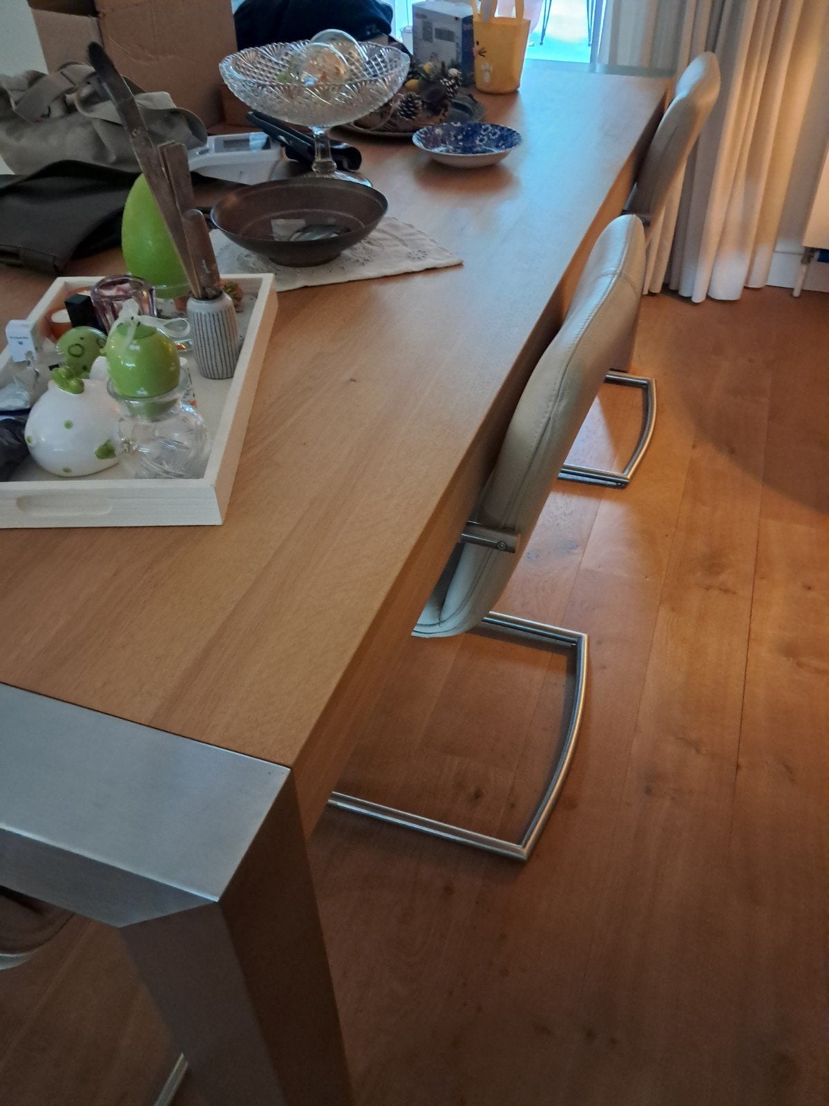 Eiken tafel met rvs, Ophalen, Rechthoekig, 200 cm of meer, 100 tot 150 cm