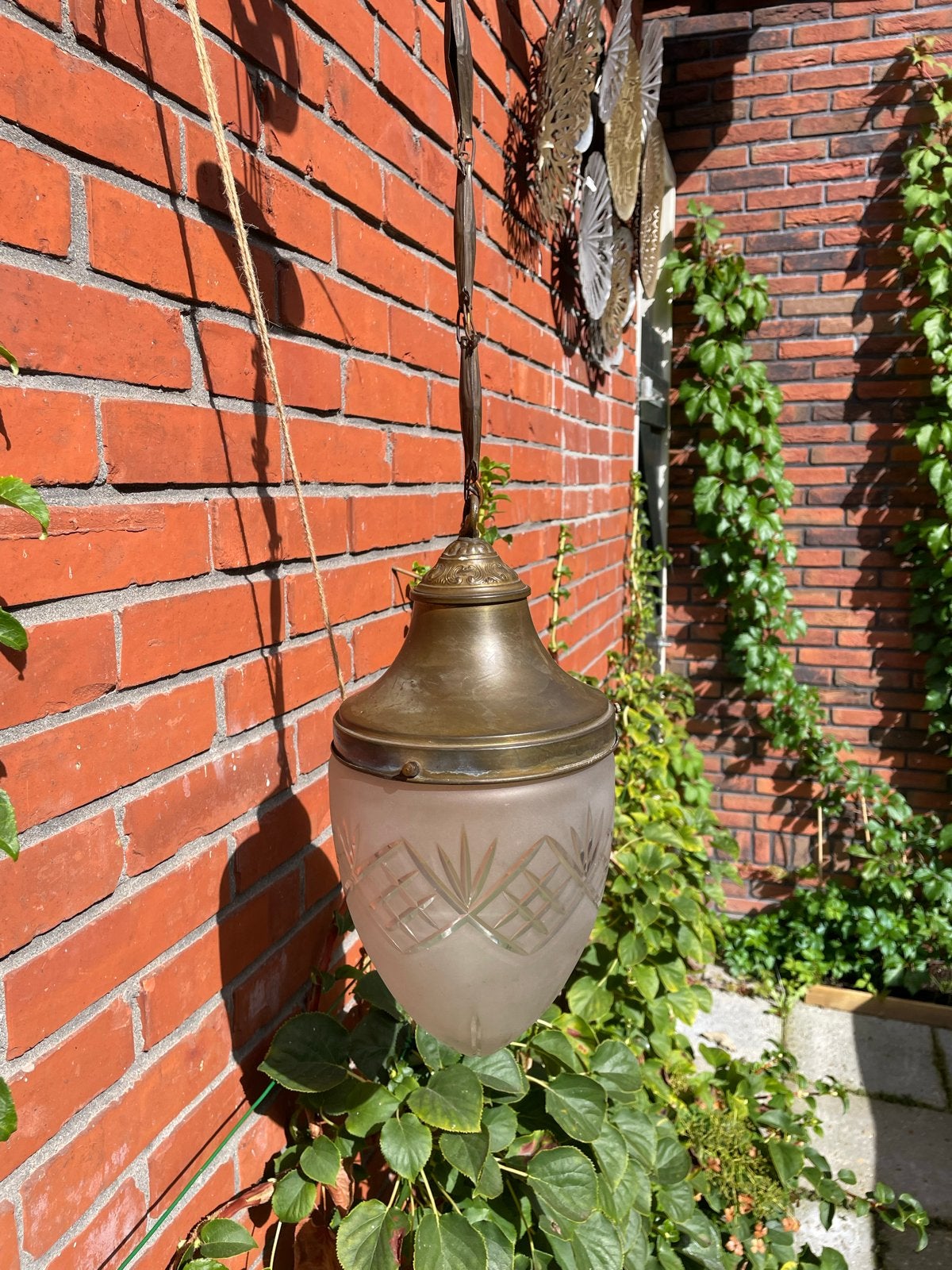 Antieke koperen hanglamp met geslepen glas, Ophalen of Verzenden