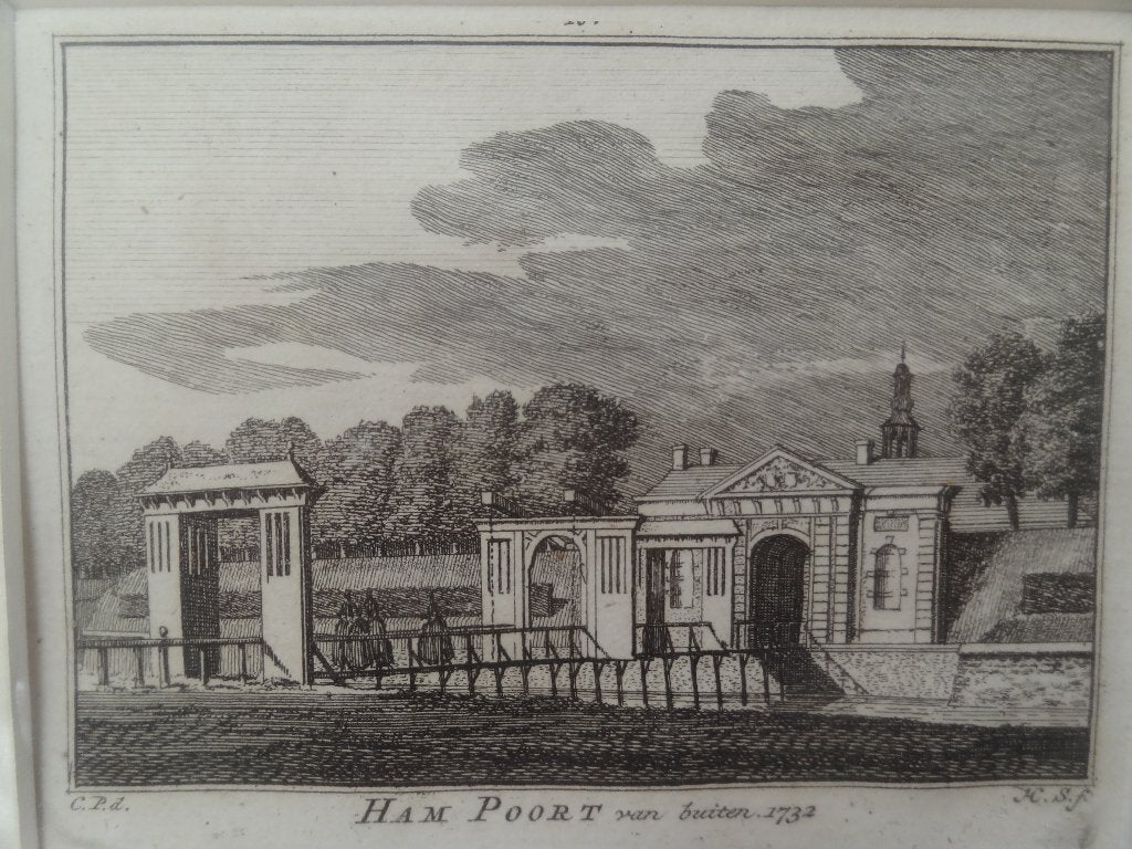 Kopergravure Hampoort Grave, H. Spilman 1753, Architectuur, Ophalen of Verzenden, Gravure, Origineel