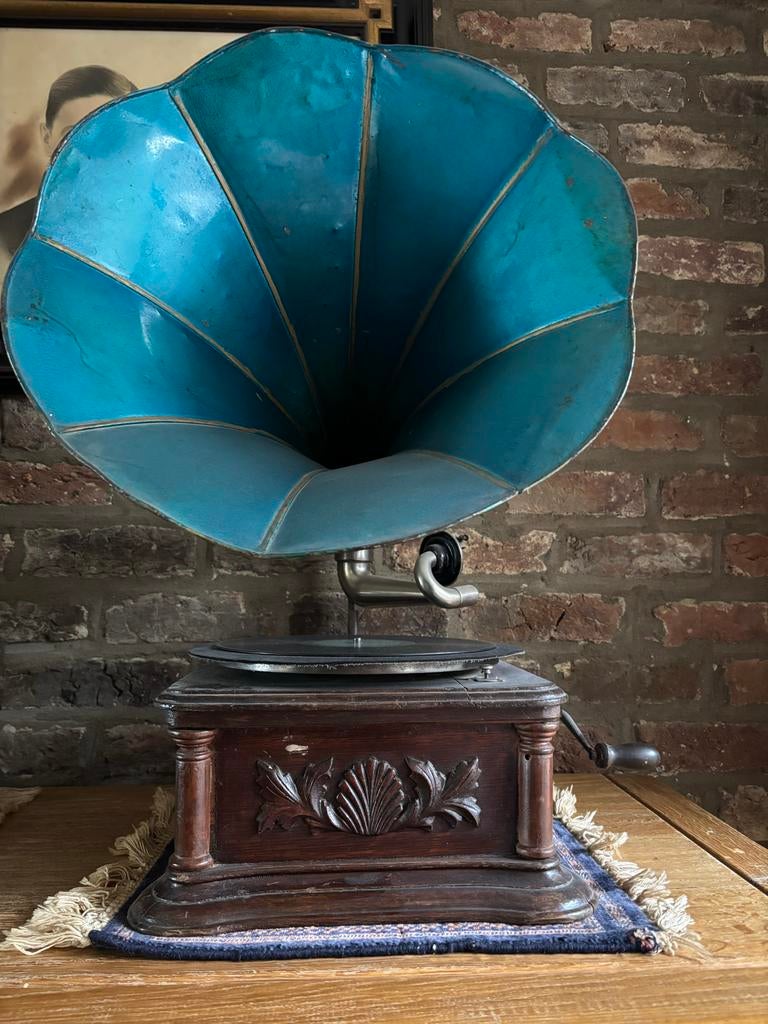 Antieke Grammofoon met Blauwe Hoorn, Ophalen of Verzenden