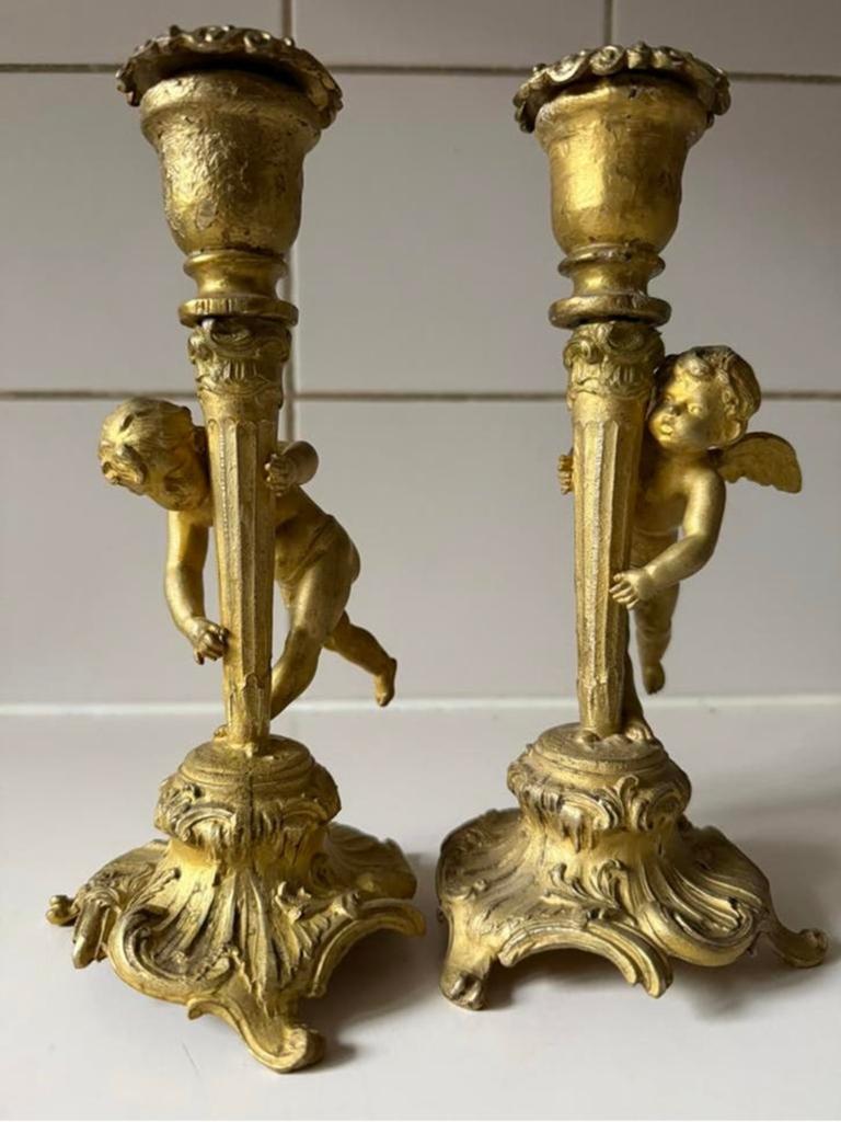 Antiek brons vuur vergulde kandelaars met Cherubijntjes, Antiek en Kunst, Ophalen of Verzenden, Koper of Brons
