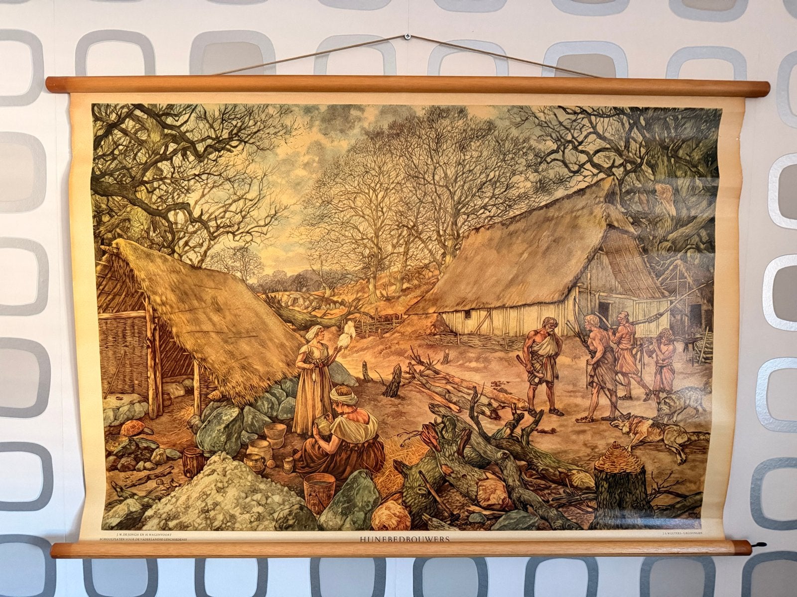 Vintage Schoolplaat: Hunebedbouwers (Geschiedenis), Antiek en Kunst, Antiek | Schoolplaten, Ophalen of Verzenden, Geschiedenis