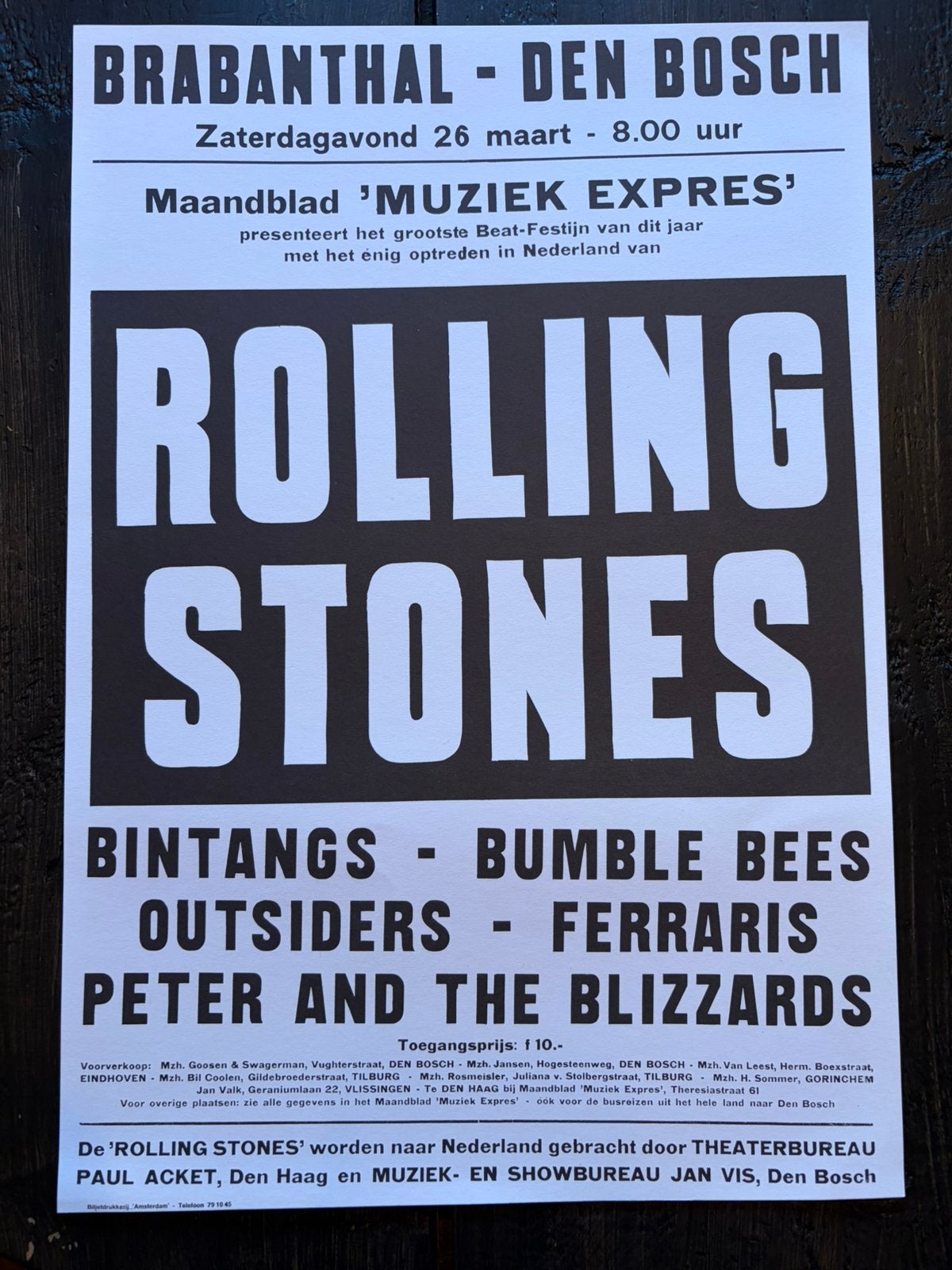 Rolling Stones Poster Den Bosch 1966, Verzamelen, Posters, Nieuw, Muziek, A1 t/m A3, Rechthoekig Staand, Ophalen of Verzenden