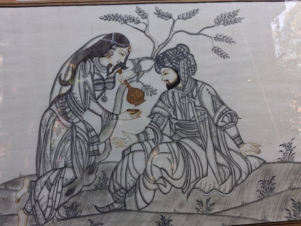 Goud ingekleurde prent uit India, zeer groot en ingelijst, Overige stijlen, Ophalen of Verzenden, Print, Overige onderwerpen