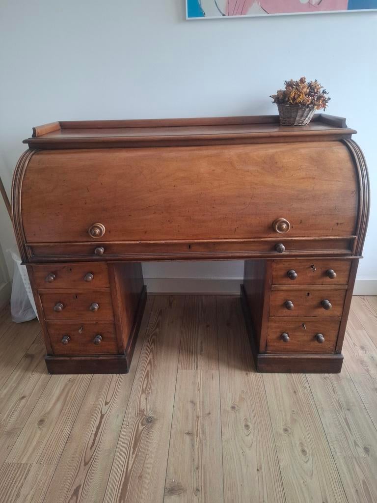 Antiek Teakhouten Cilinderbureau met Bureaustoel, Huis en Inrichting, Met lades, Gebruikt, Hout, Secretaire