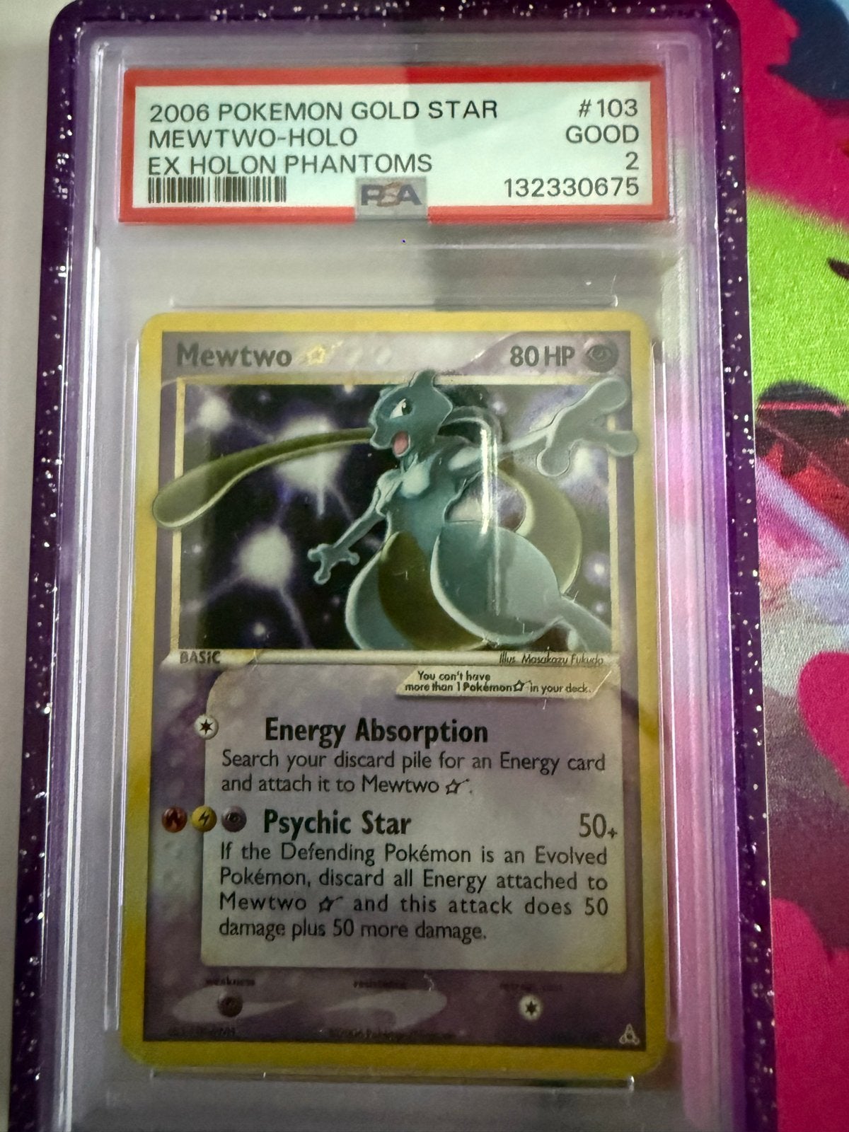 Pokémon Gold Star Mewtwo PSA 2, Ophalen of Verzenden, Gebruikt, Losse kaart, Foil