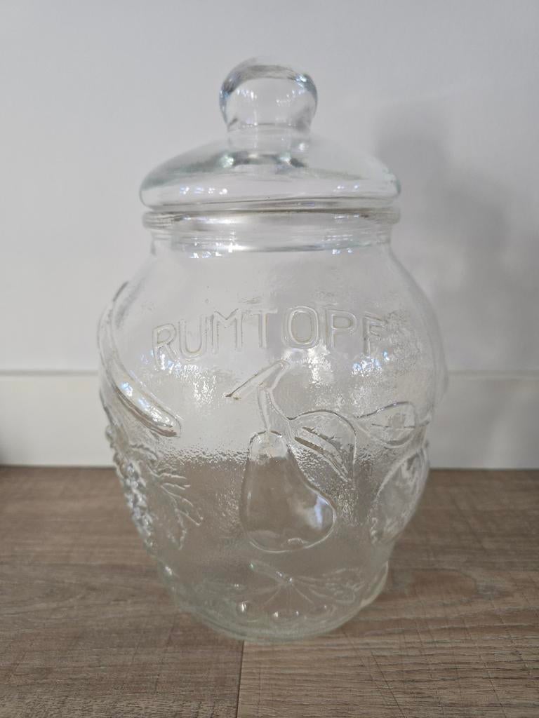 Antieke glazen 5 liter rumtopf (rumpot) met deksel in reliëf, Ophalen of Verzenden